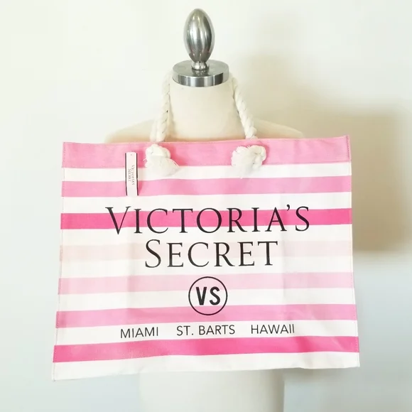 Victoria's Secret Vintage Pink Striped Beach Tote NWT Resort Vacay Weekender - Picture 3 of 16